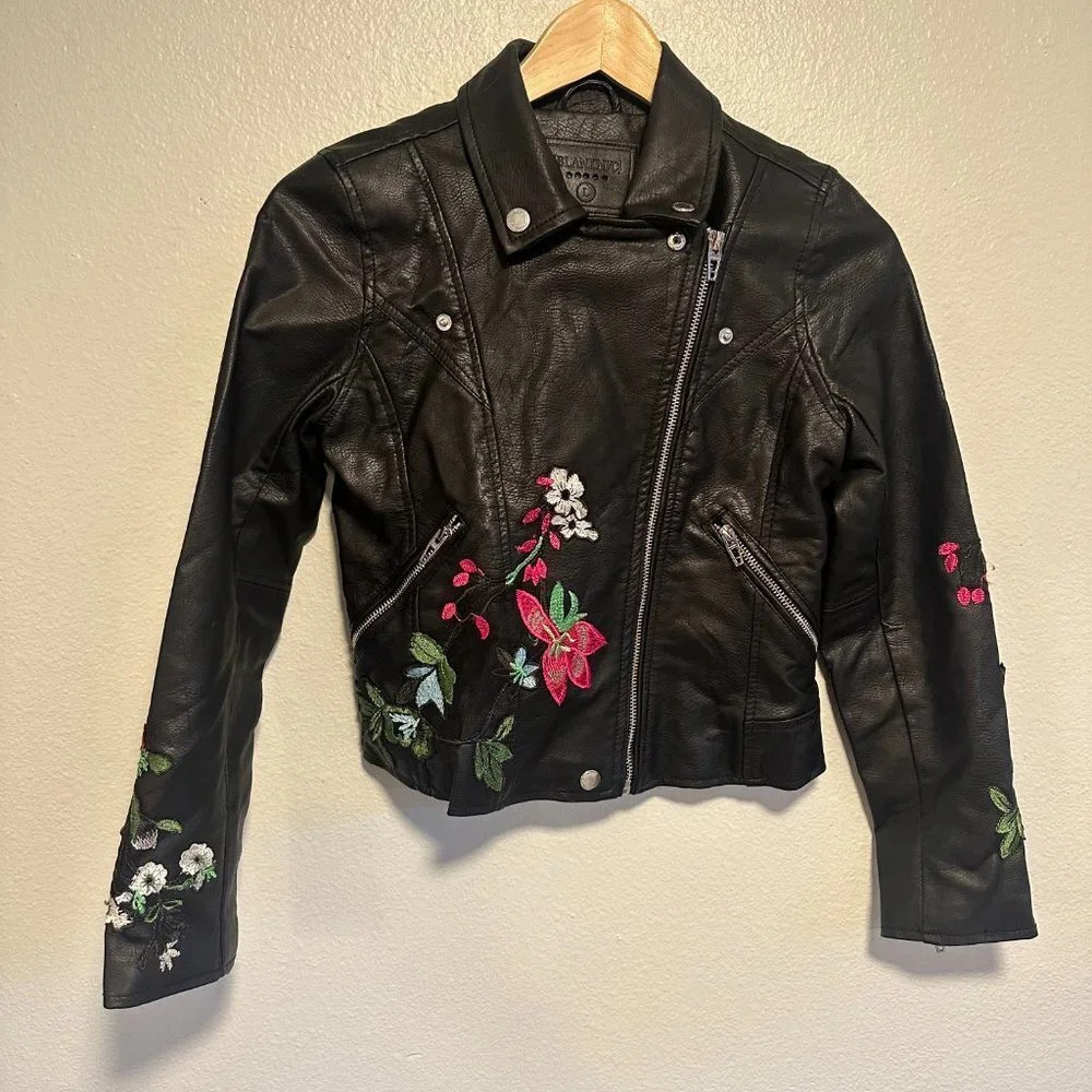 BLANKNYC - Girls Embroidered Floral Faux Leather Moto Jacket in Large